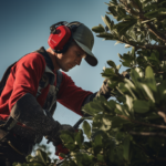 arborist tree trimming a bush